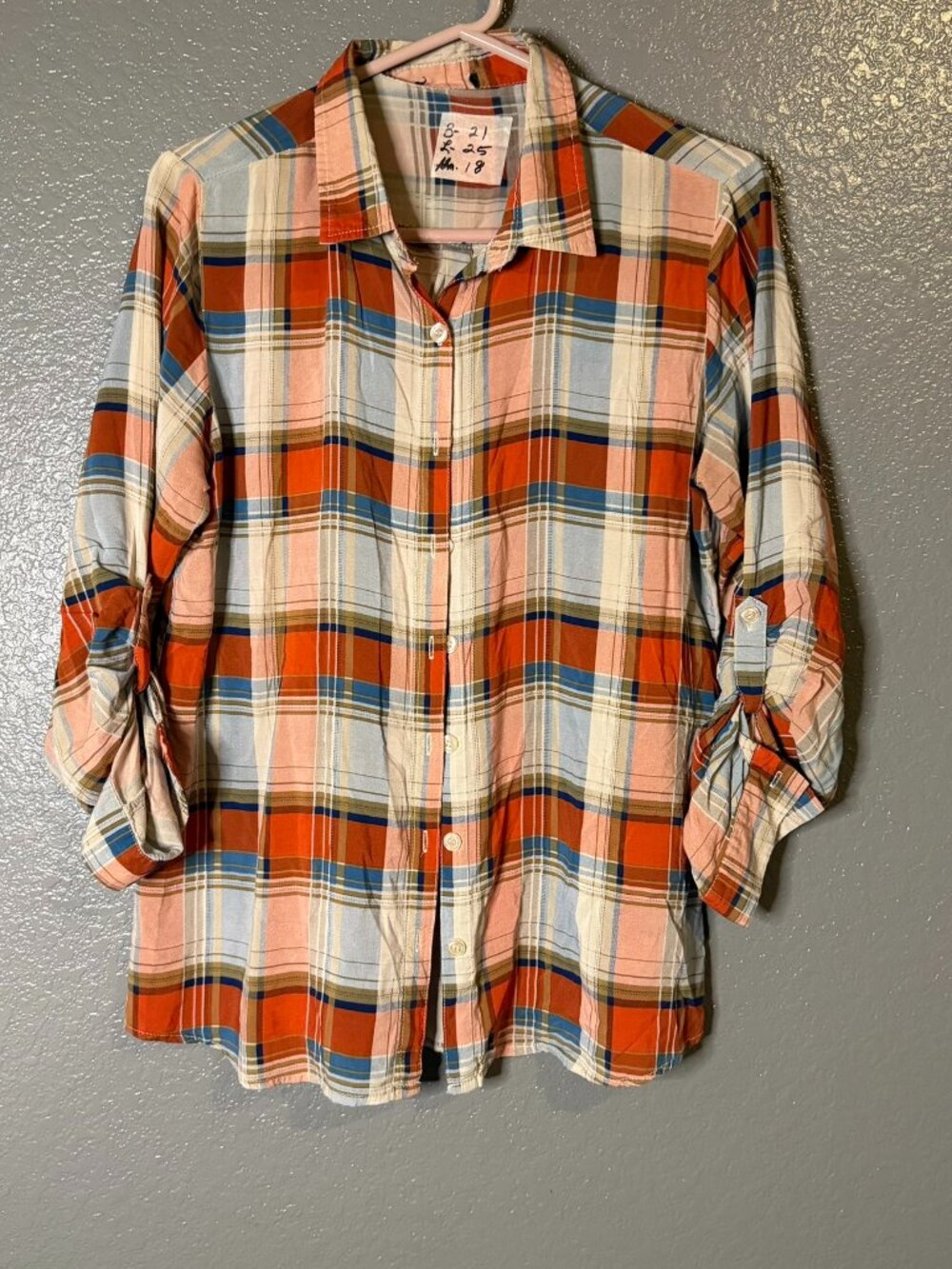 Womens Orange Blue Plaid Button Down Shirt Roll Tab Sleeve Casual Top